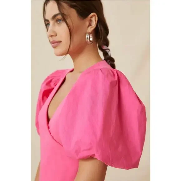 Anthropologie Maeve Hot Pink Puff Sleeve Wrap‎ Top sz XS BARBIE - Picture 3 of 8